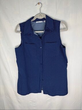 Notations Navy and White Polka Dot Sleeveless Button-Down Shirt